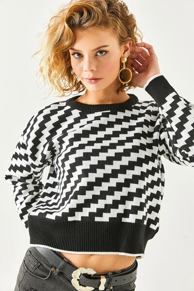 Olalook Γυναικεία πλεκτά μπλούζα με μαύρη ζιγκ-ζαγκ μοτίβο Crop BLZ-19002370