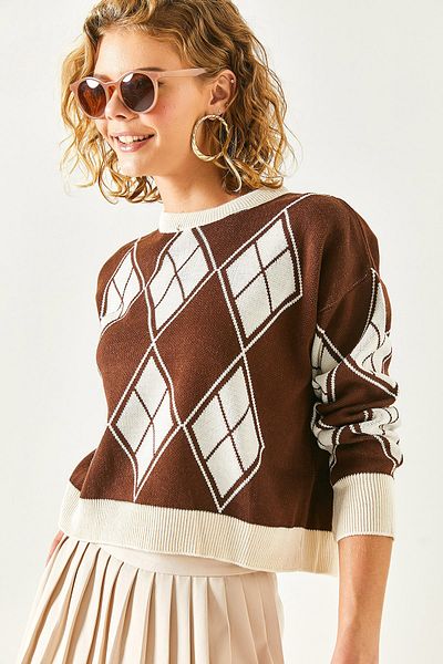 Olalook Γυναικεία πλεκτά μπλούζα Bitter Brown Diamond μοτίβο Crop BLZ-19002371