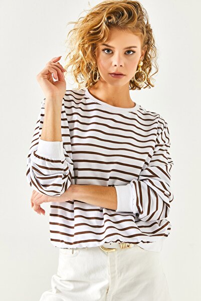 Olalook Hanorac casual pentru femei, alb, maro amar, de bază, cu textura moale, SWT-19000457