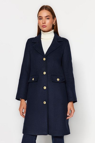 Trendyol Collection Tmavě modrý zlatý kabát s dlouhým razítkem na knoflíky TWOAW24KB00063