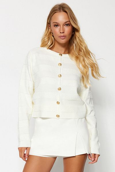 Trendyol Collection Ecru Crew nyakú kabát megjelenés Kötött kardigán TWOAW24HI00337