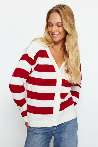 Trendyol Collection Ecru V-Neck Striped Knitwear Cardigan - TWOAW24HI00392