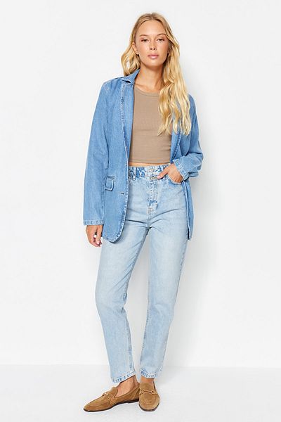 Trendyol Collection Blaue Mom-Jeans mit zwei Knöpfen und hoher Taille TWOSS21JE0153