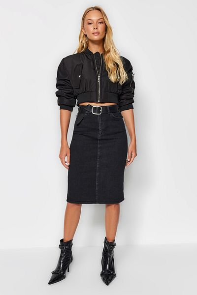 Trendyol Collection Fekete magas derekú Midi ceruza farmerszoknya TWOSS21ET0297