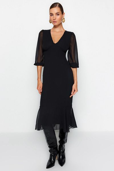 Trendyol Collection Černé midi tkané šaty s výstřihem do V TWOAW24EL00400