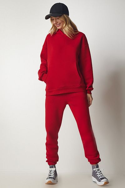 Happiness İstanbul Roter Fleece-Trainingsanzug mit Kapuze für Damen DD00762
