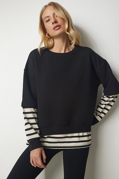 Happiness İstanbul Schwarzes gestreiftes Damen-T-Shirt aus Strick CR00413