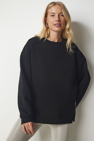 Happiness İstanbul Schwarzes Strick-Sweatshirt mit Reißverschluss und Reliefmuster für Damen UB00148