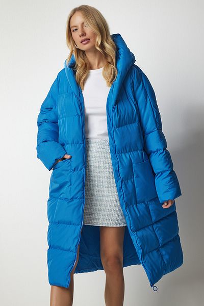 Happiness İstanbul Himmelblauer, übergroßer Puffermantel mit Kapuze für Damen, lang, NT00428