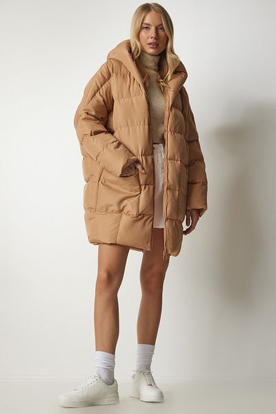 Happiness İstanbul Dámský sušenkový kabát oversize Puffer Coat s kapucí NT00429