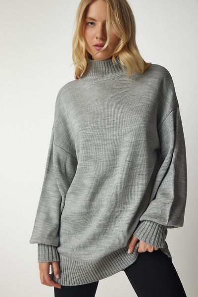 Happiness İstanbul Grauer Oversize-Strickpullover mit Stehkragen für Damen, Basic, YY00167