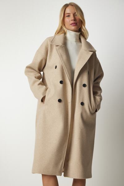 Happiness İstanbul Dámský béžový kabát s dvojitým límcem Oversize Stamp mx00138