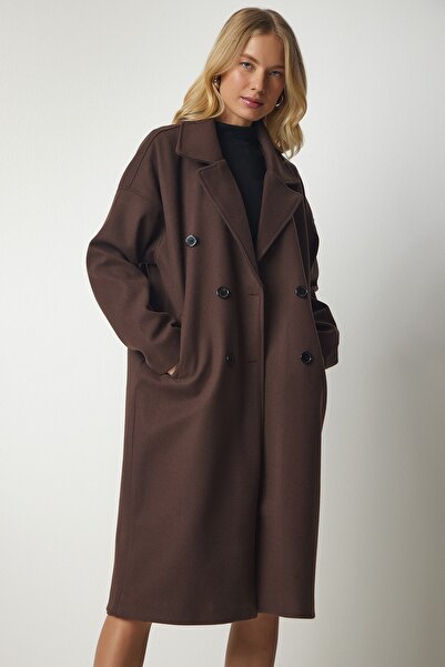 Happiness İstanbul Dámský hnědý kabát s dvojitým límcem Oversize Stamp mx00138