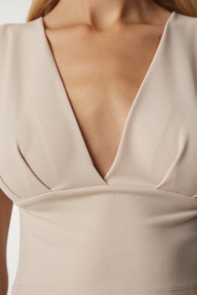 Happiness İstanbul Γυναικεία Μπεζ Μπλούζα ελαφρώς χαμηλού Crop CI00087