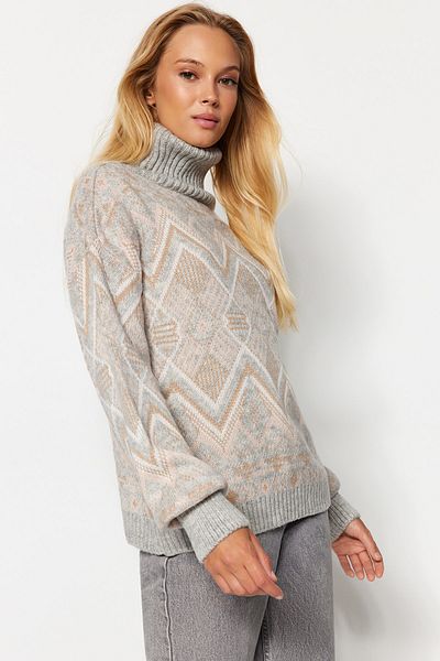 Trendyol Collection Turtleneck szürke kötöttáru pulóver - puha textúra, mintás TWOAW24KZ00759