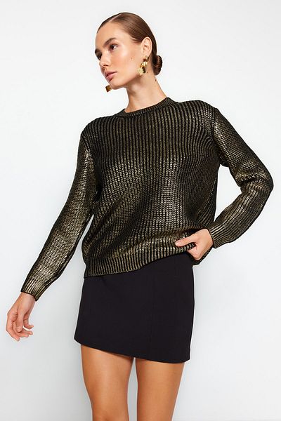 Trendyol Collection Black Foiled Printed Knitwear Sweater TWOAW24KZ00973