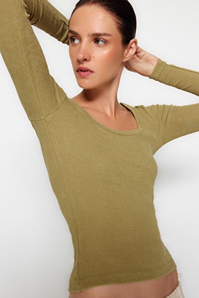 Trendyol Collection Khaki Antique/Faded Effect Ribbed Pool Neck Fitted Cotton Stretch Knitted Blouse TWOAW24BZ00301