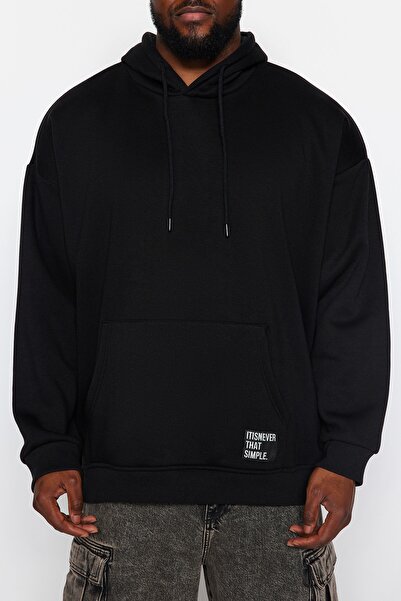 Trendyol Collection Μαύρο φλις φούτερ μεγάλου μεγέθους - Ζεστή κουκούλα με ετικέτες TMNAW24AO00000