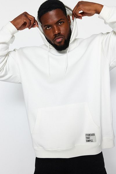 Trendyol Collection Plus Size Hooded Fleece Sweatshirt - Ecru TMNAW24AO00000