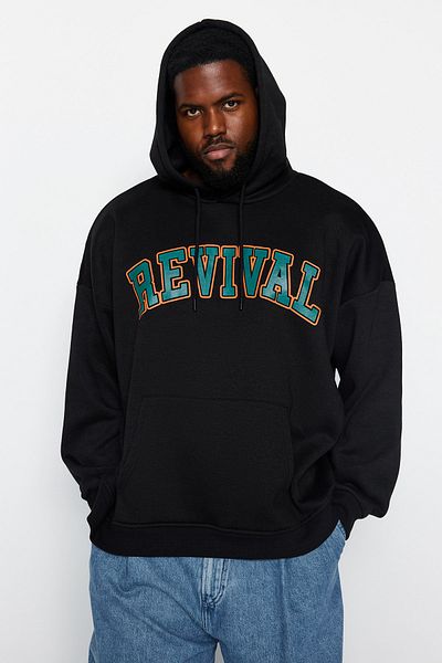 Trendyol Collection Μαύρη κουκούλα Unisex Plus Size Oversize/Φαρδιά φούτερ φλις εσωτερικά TMNAW24AO00021