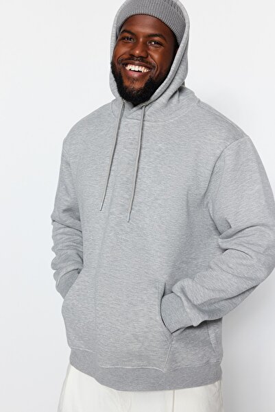 Trendyol Collection Plus Size Gray Fleece Cut Hooded Sweatshirt - TMNAW24AO00017