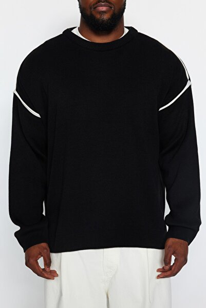 Trendyol Collection Μαύρο Πλεκτό Πουλόβερ μεγάλου μεγέθους - Oversize Fit, Wide Fit, Piping Detail TMNAW24AN00000