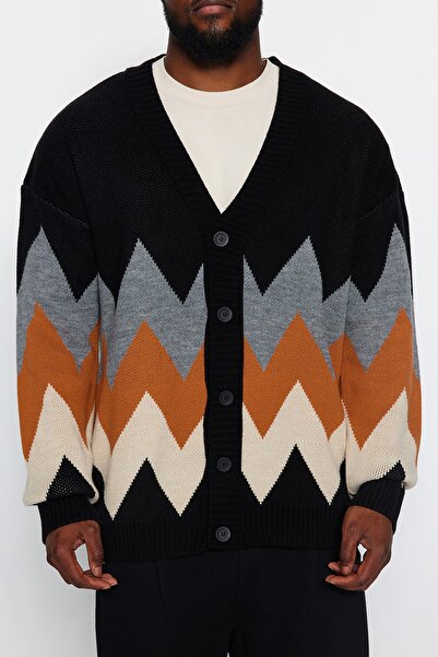 Trendyol Collection Diamond Patterned Black Oversize Knitwear Cardigan - Plus Size TMNAW24AV00004