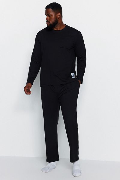 Trendyol Collection Μαύρο Regular Fit Label Λεπτομερές σετ πιτζάμες σε μεγάλο μέγεθος TMNAW24AI00003