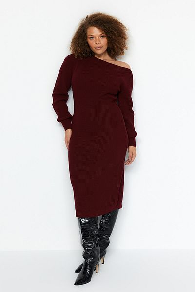 Trendyol Curve Claret Red Ασύμμετρο Λεπτομερές Πλεκτό Φόρεμα TBBAW24AH00002