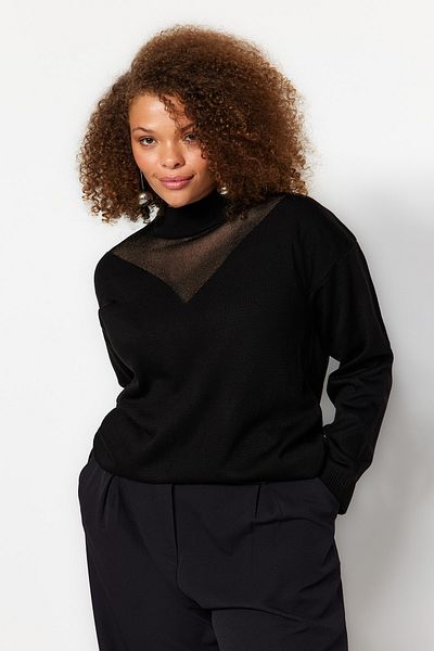 Trendyol Curve Black Tulle Detailed Stand Collar Knitwear Sweater Tbbaw24An00008