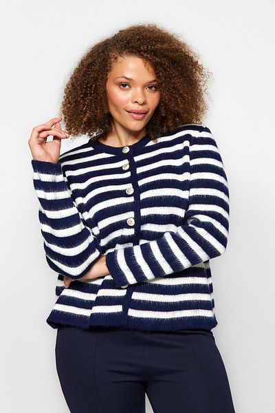 Trendyol Curve Marineblauer, weich strukturierter, gestreifter Strick-Cardigan TBBAW24AV00004