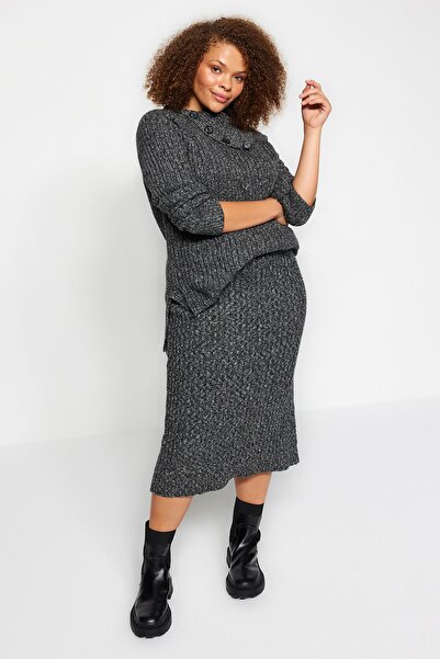 Trendyol Curve Anthracite Collar Detailed Slit Knitwear Lower Upper Set TBBAW24CP00006