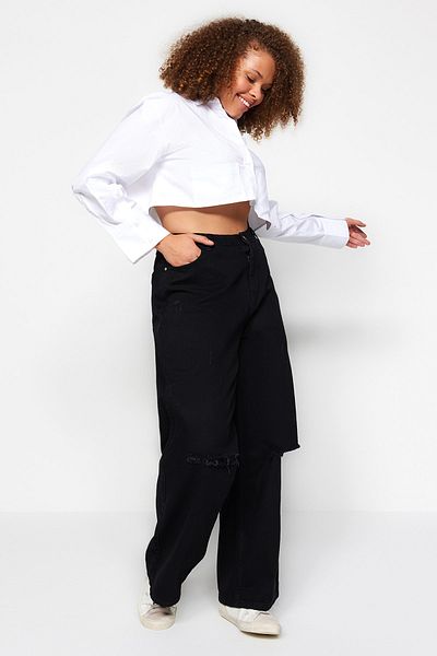 Trendyol Curve Black High Waist Wide Leg Ripped Jeans TBBSS22JE00006
