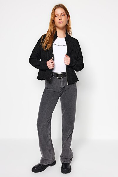 Trendyol Collection Měkká textura černý pletený svetr - cop na zip a vlasy Twoaw24Hi00202