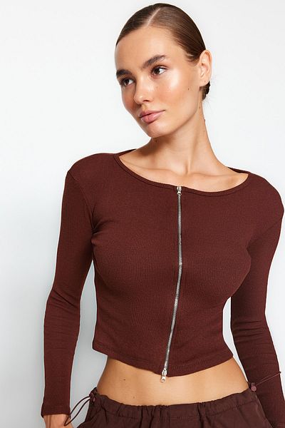 Trendyol Collection Καφέ φερμουάρ Πλεκτή Πλεκτή Μπλούζα Crop Ribbed TWOAW22BZ0598