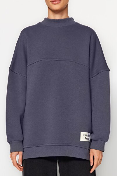 Trendyol Modest Antracitová oversize pletená fleecová mikina s vnitřním vlasem TCTAW24TW00022