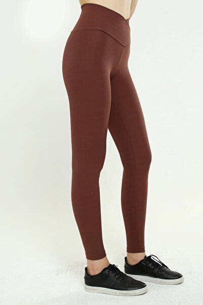 VOSSAX Brown High Waist Ribbed Recovery Interlock Knitted Cross Waist Detail Women's Leggings