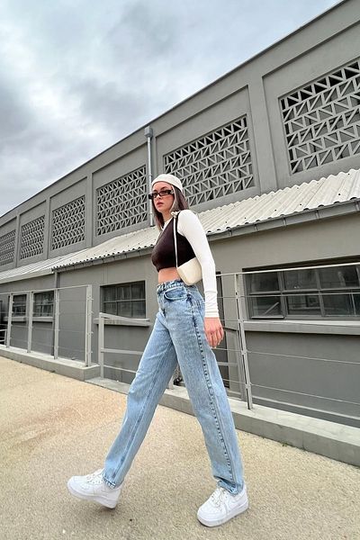 DRC trend Blugi de damă Sagee cu talie înaltă, albaștri, blugi largi, albaștri, spălați pe zăpadă, blugi elastici din lycra de zăpadă