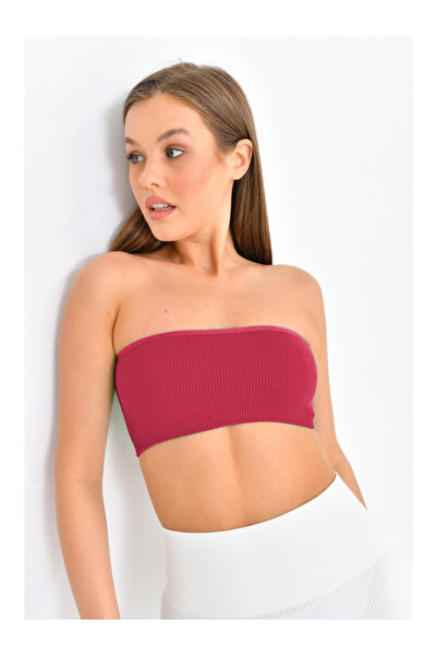 MİSTİRİK Palude Model Seamless Bondeo Crop Model Gathering Bondeo Strapless Claret Red Color