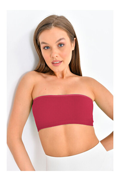 MİSTİRİK Palude Model Seamless Bondeo Crop Model Gathering Bondeo Strapless Claret Red Color