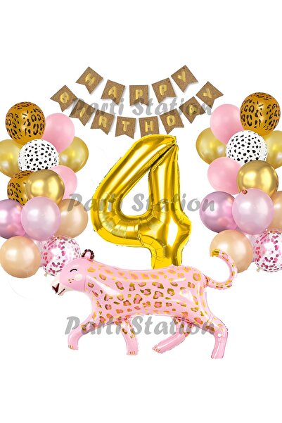 Parti Station Pink Leopard 4 Year Old Balloon Set Safari Leopard Birthday Par...