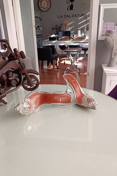 LA CALZATURE Piele lacuită argintie, complet transparentă, din piele naturală, căptușeală interioară, toc șampanie, cataramă cu stras, pantofi stiletto pentru femei
