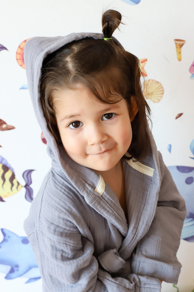 vivamaison Muslin Baby Kids Bathrobe, 100% Cotton 4 Layers Gray