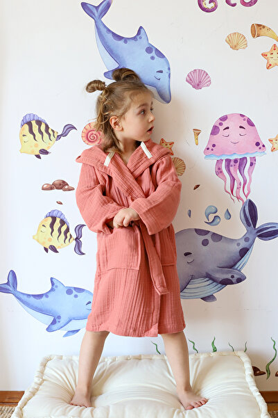 vivamaison روب حمام موسلين للأطفال، 100% قطن، 4 طبقات تيراكوتا