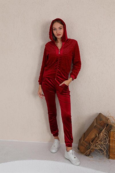 WestBound CLARET RED Plush Velvet Women's Tracksuit Set