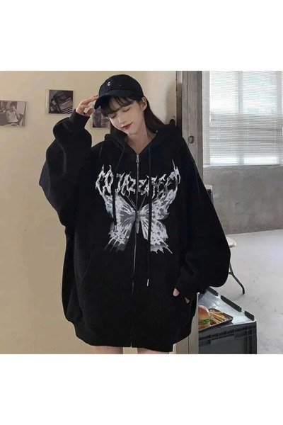 weywot Harajuku Butterfly Butterfly Black Zippered Oversize Hooded Cardigan Butterfly
