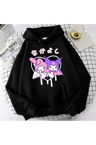 MECH BUTİK Черен суитшърт с качулка с принт Mymelody&Kuromi
