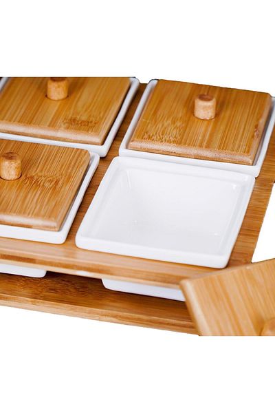 ACAR Bamboo Cover Porcelain 6 Compartment Breakfast Bowl