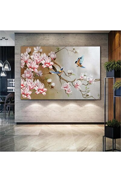CANVASUM Dokoratif Yağlı Boya Efektli Çiçek Modern Dala Konmuş Kuş Kanvas Tab...