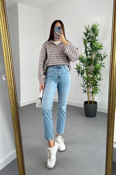 MAKRAS EXCLUSIVE Blugi cu talie înaltă Lycra Mona Blue - Femei Boyfriend Mom Jean
